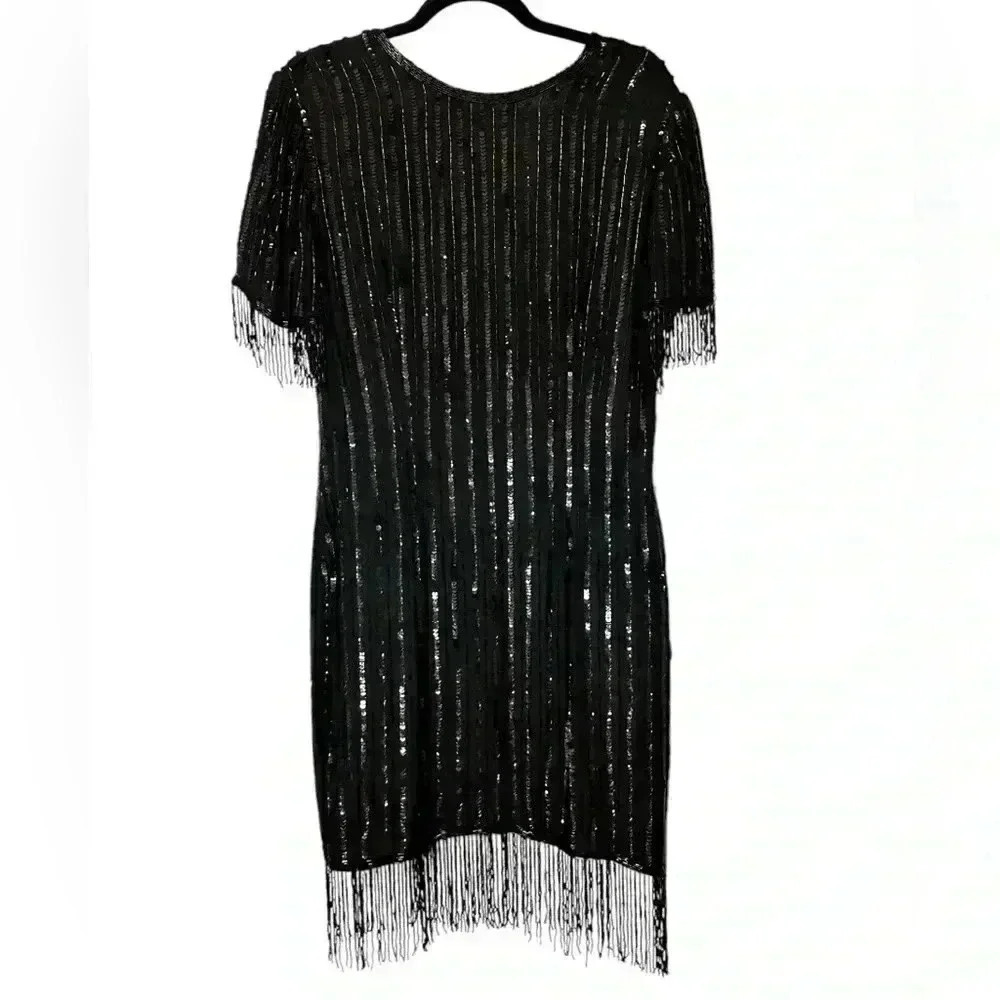Vintage 80s St’enay Silk Elegant Black Sequin Dress - Picture 2 of 7